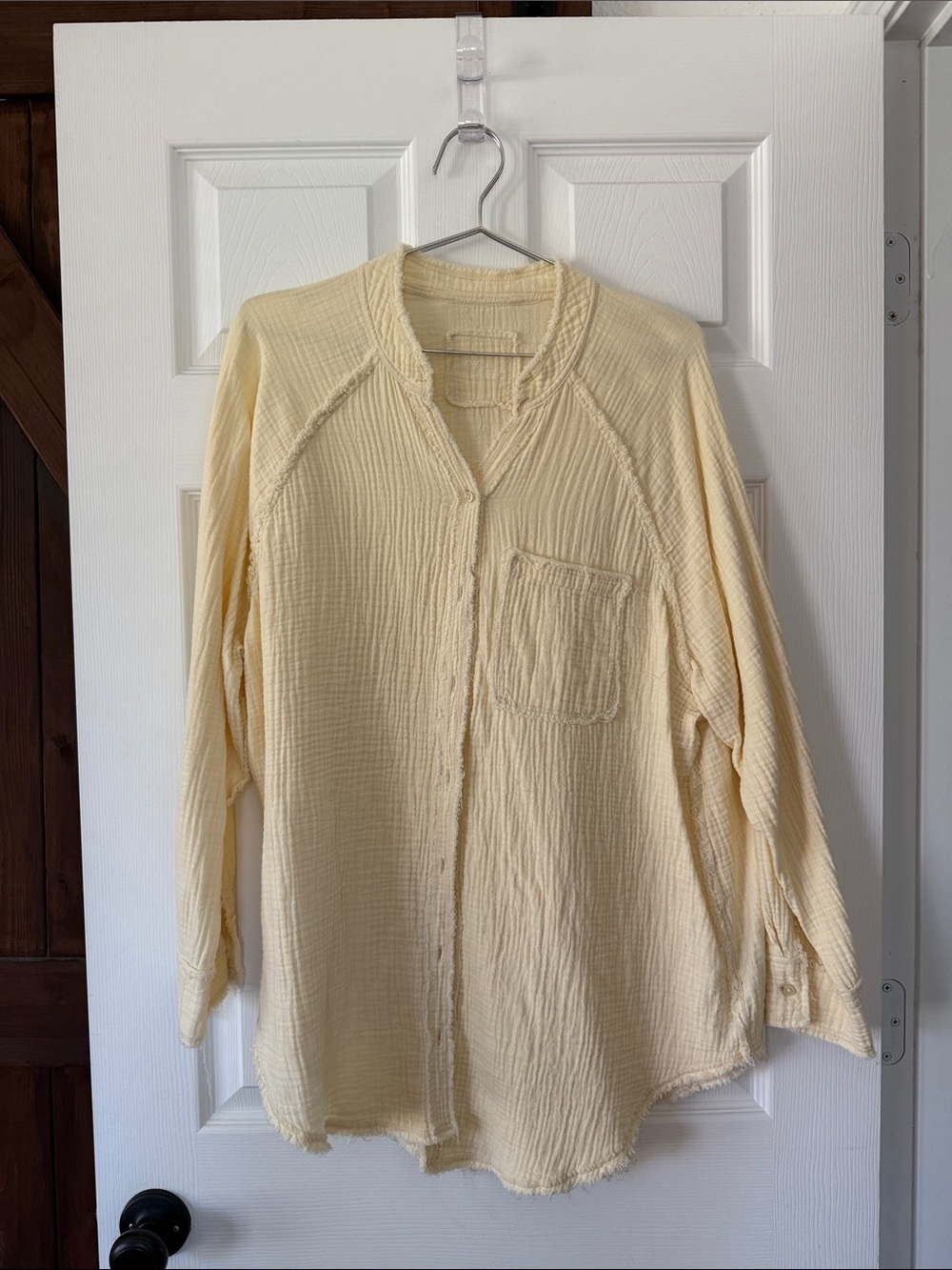 Aerie Cream Long-Sleeve Textured Button-Up Shirt